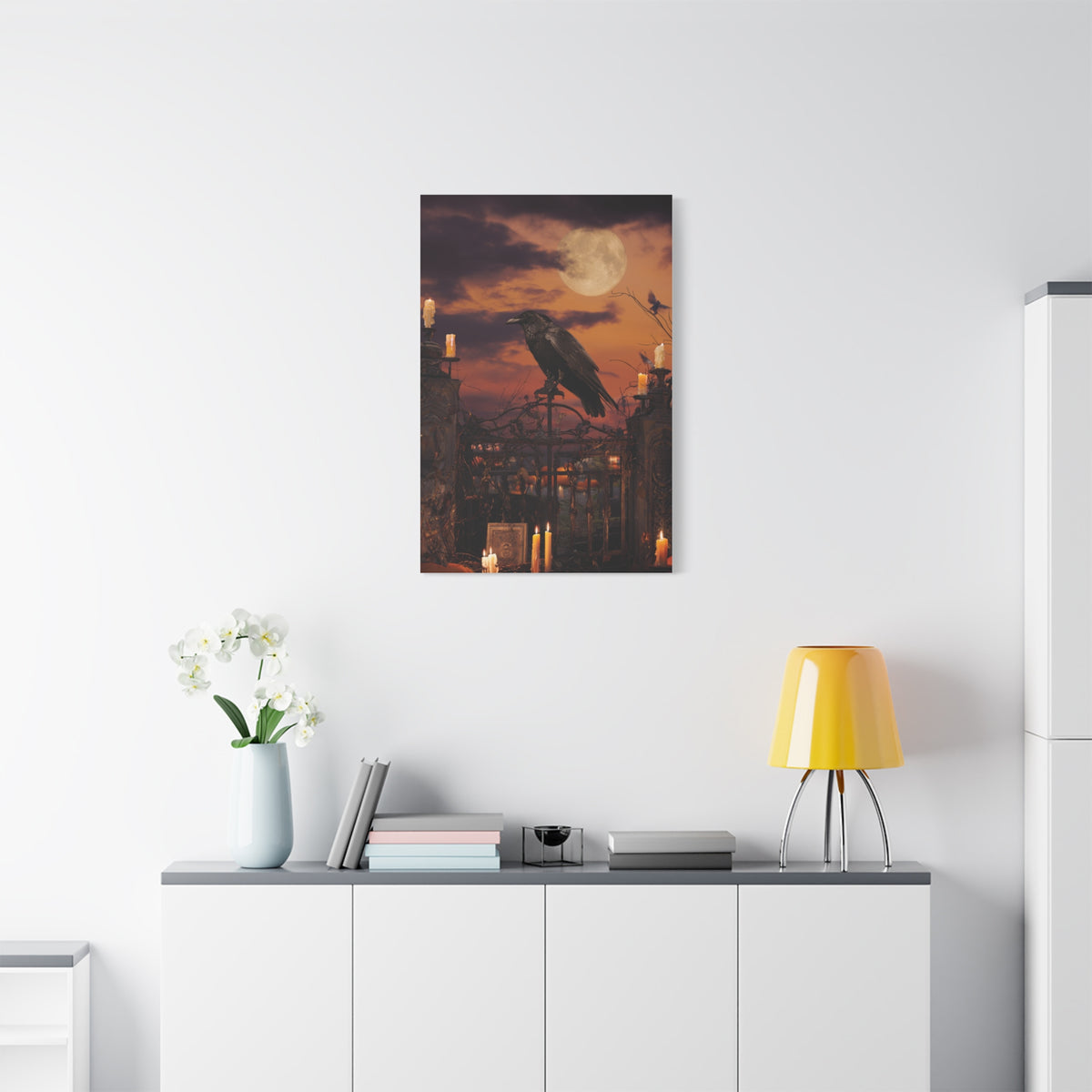 Raven on Moonlit Cemetery Gate Wall Art & Canvas Print