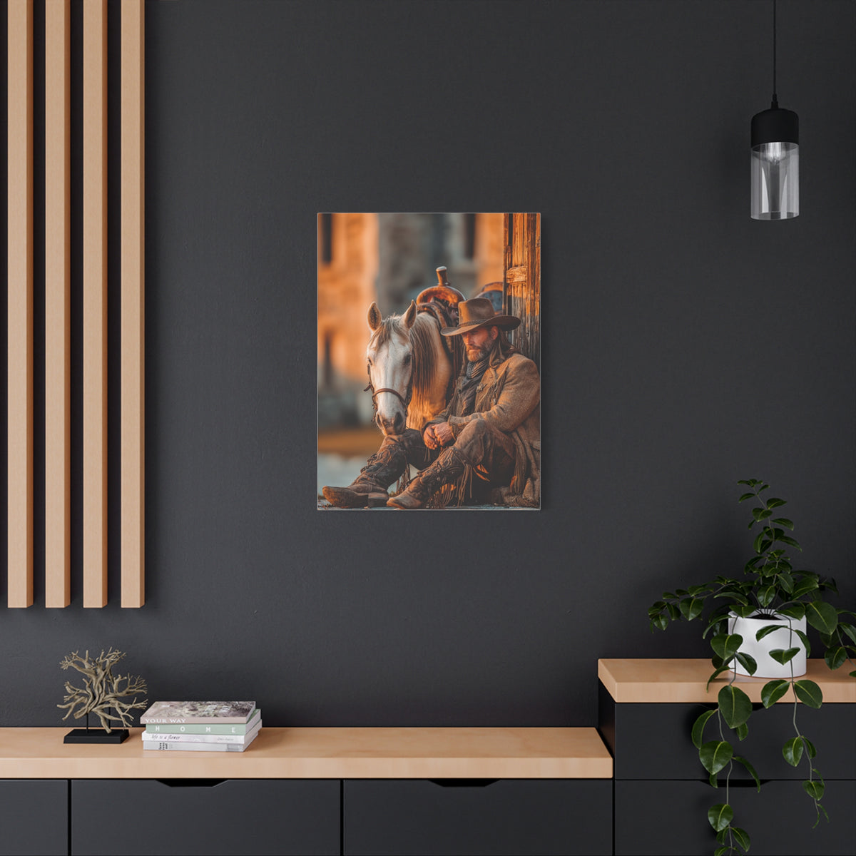 Cowboy Resting Beside His Horse Wall Art & Canvas Print