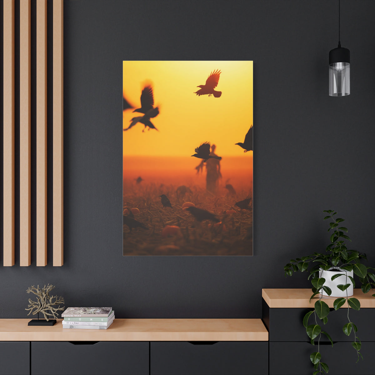 Crows Rising Over Pumpkin Field at Sunset Wall Art & Canvas Print