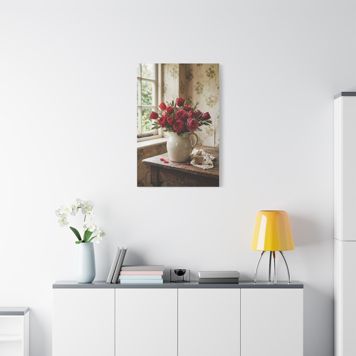 English Cottage Red Tulip Still Life Wall Art & Canvas Print