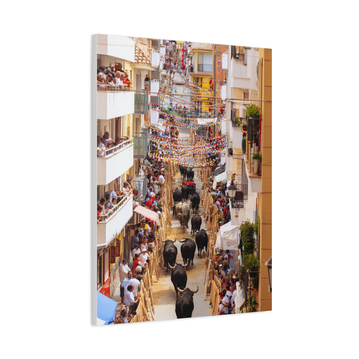 Spanish Village Bull Festival Street Scene Wall Art & Canvas Print