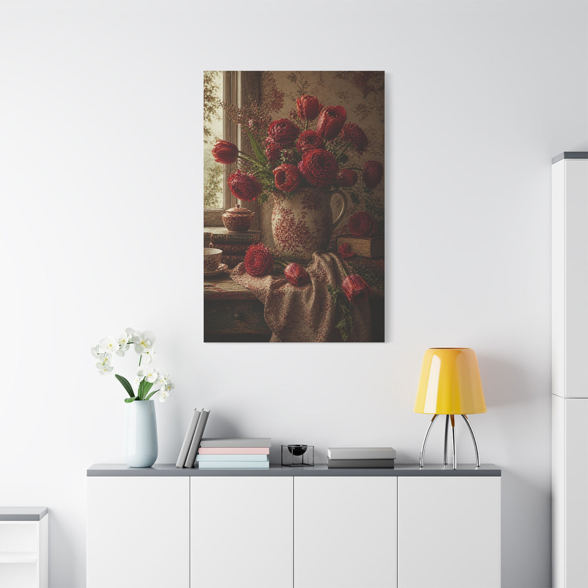 English Cottage Red Floral Still Life Wall Art & Canvas Print