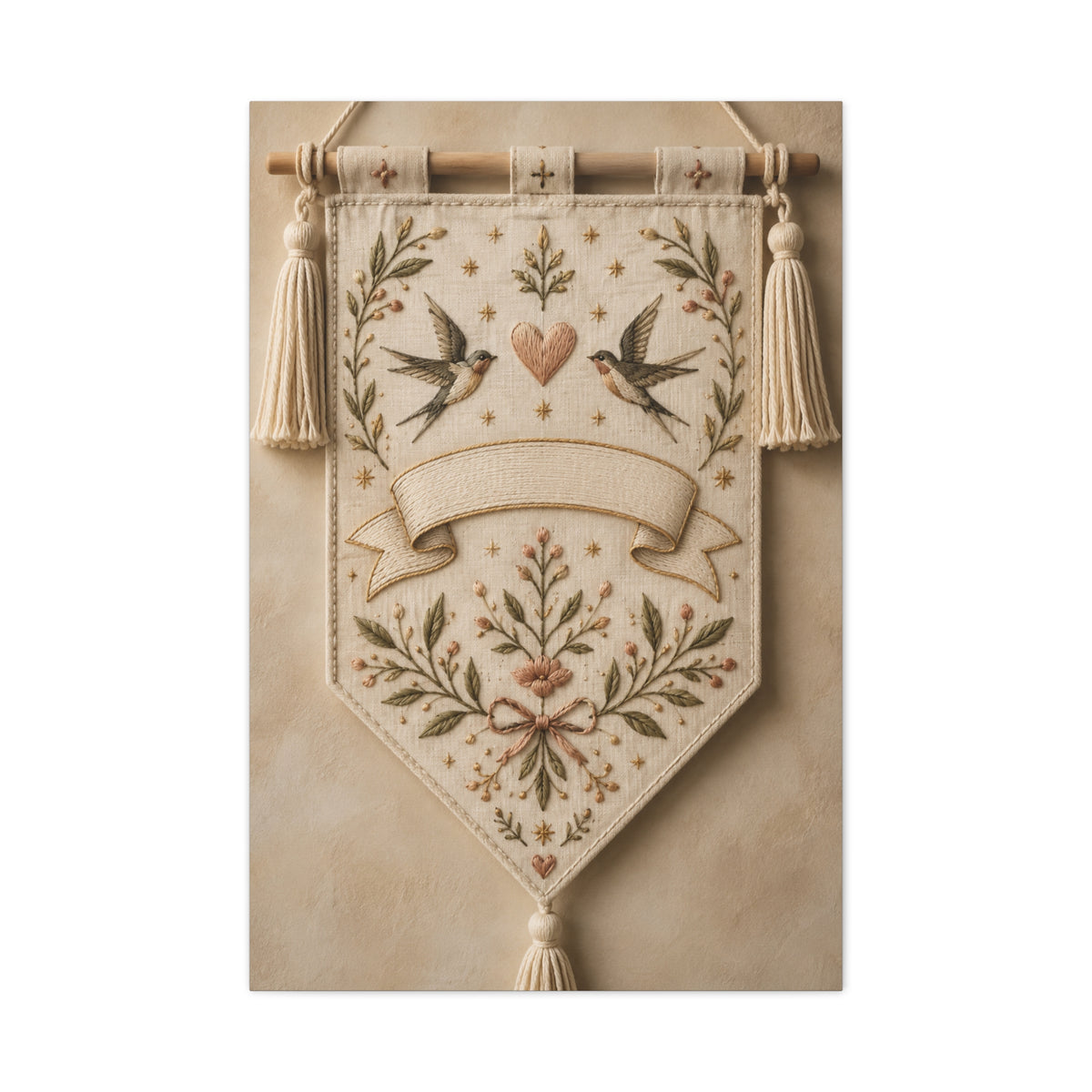 Hand-Embroidered Romantic Birds Textile Wall Art & Canvas Print