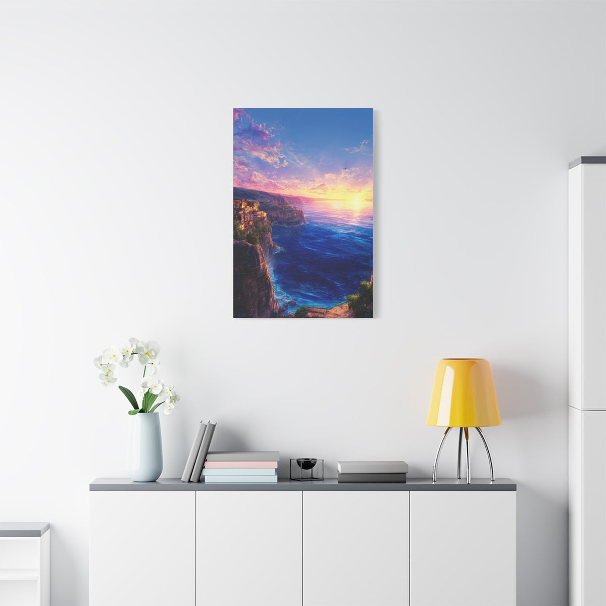 Coastal Village Cliffs at Golden Sunset Wall Art & Canvas Print