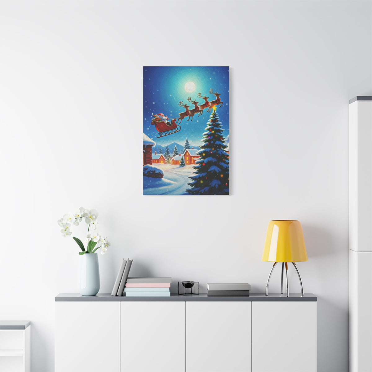 Santa Sleigh Flying Over Snowy Christmas Village Wall Art & Canvas Print