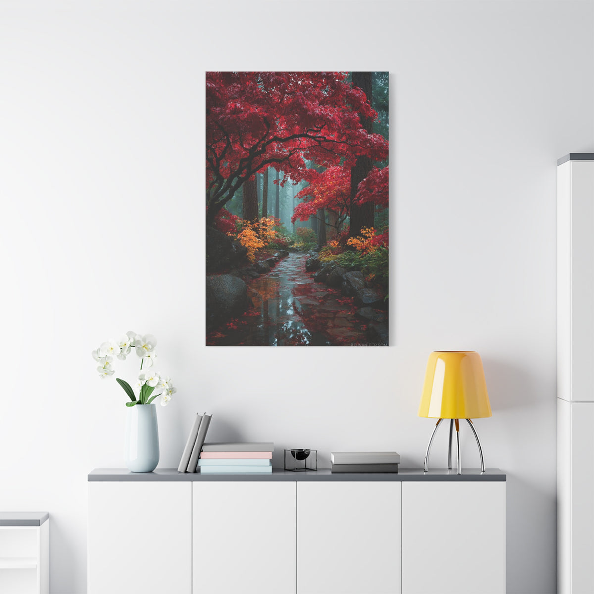 Crimson Maple Forest Path Wall Art & Canvas Print