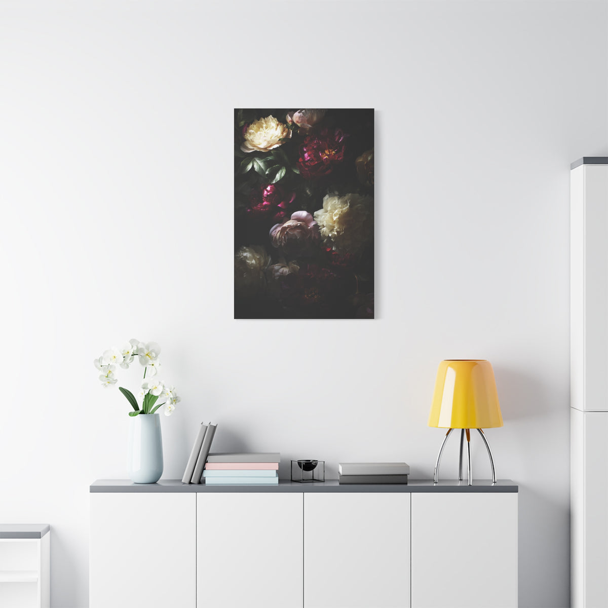 Luminous Peonies on Dark Background Wall Art & Canvas Print