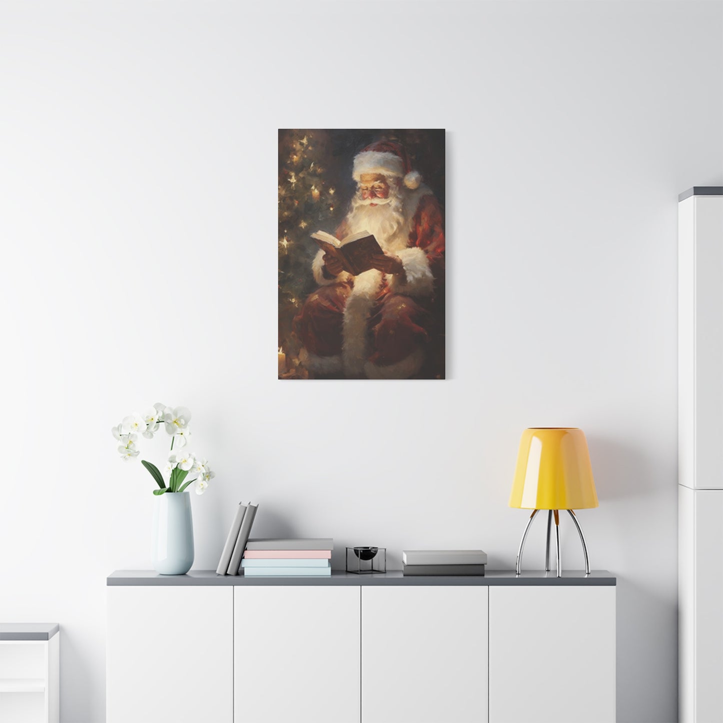 Santa Claus Reading In Candle Light Painting Wall Art & Canvas Prints