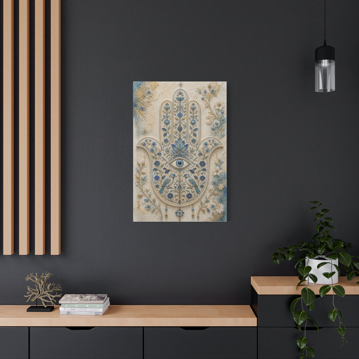 Blue Floral Hamsa Sacred Symbol Wall Art & Canvas Print