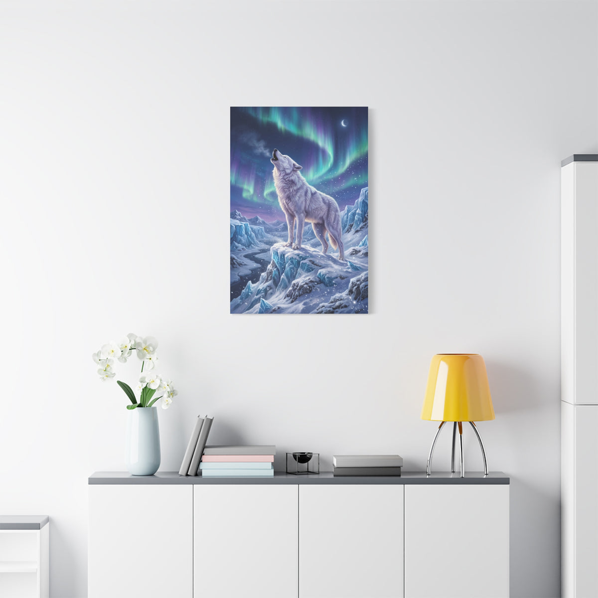 Arctic Wolf Aurora Borealis Scene Wall Art & Canvas Print
