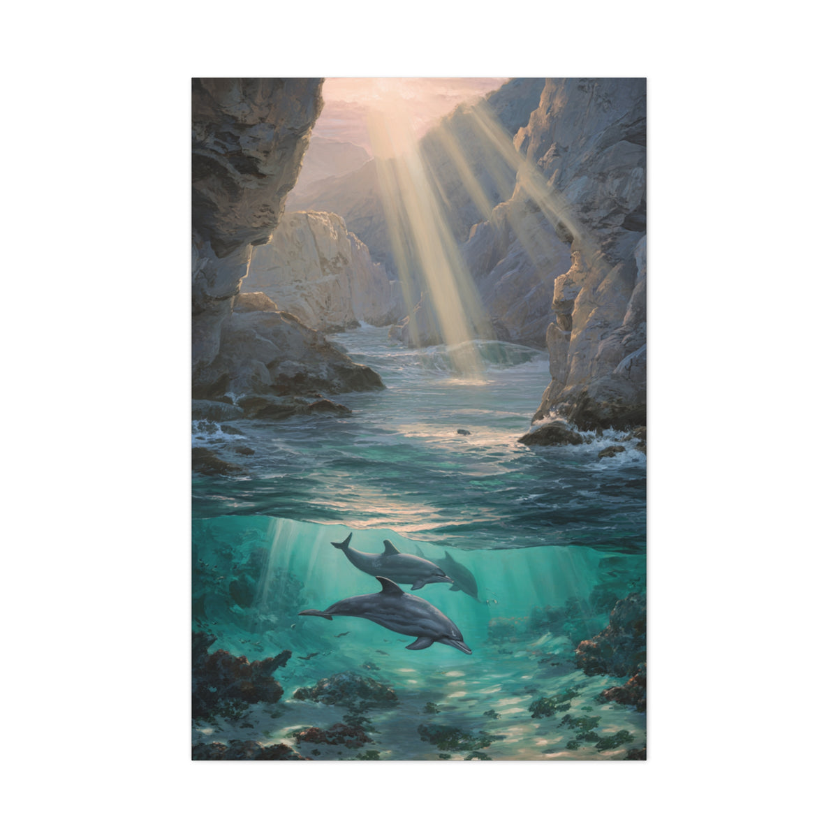 Dolphins Swimming Beneath Sunlit Coastal Waters Wall Art & Canvas Print