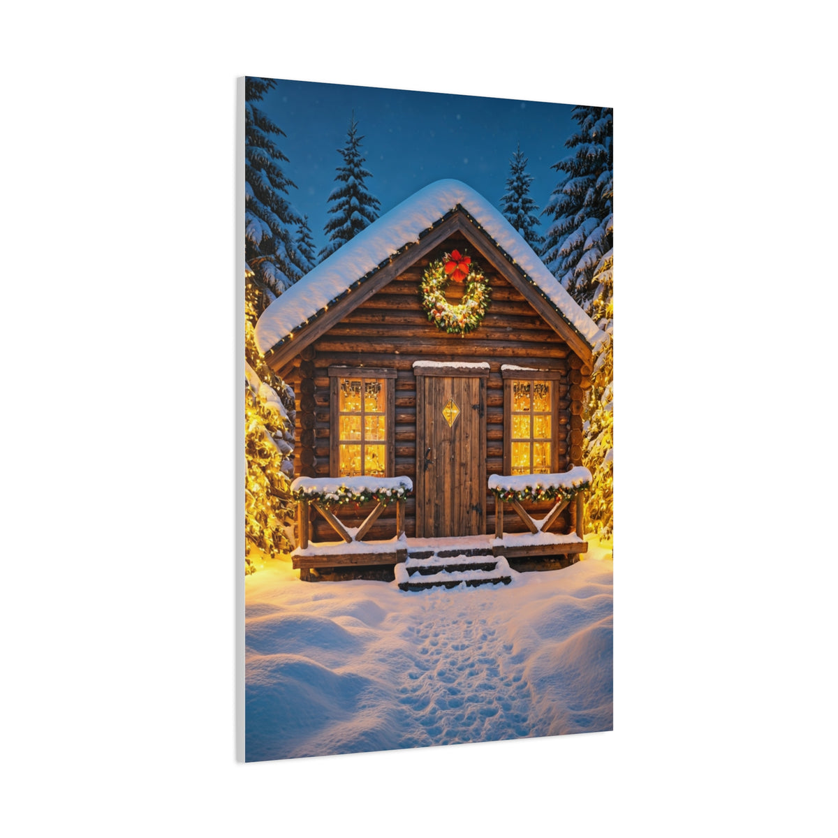 Cozy Snowy Christmas Cabin Among Pine Trees Wall Art & Canvas Print