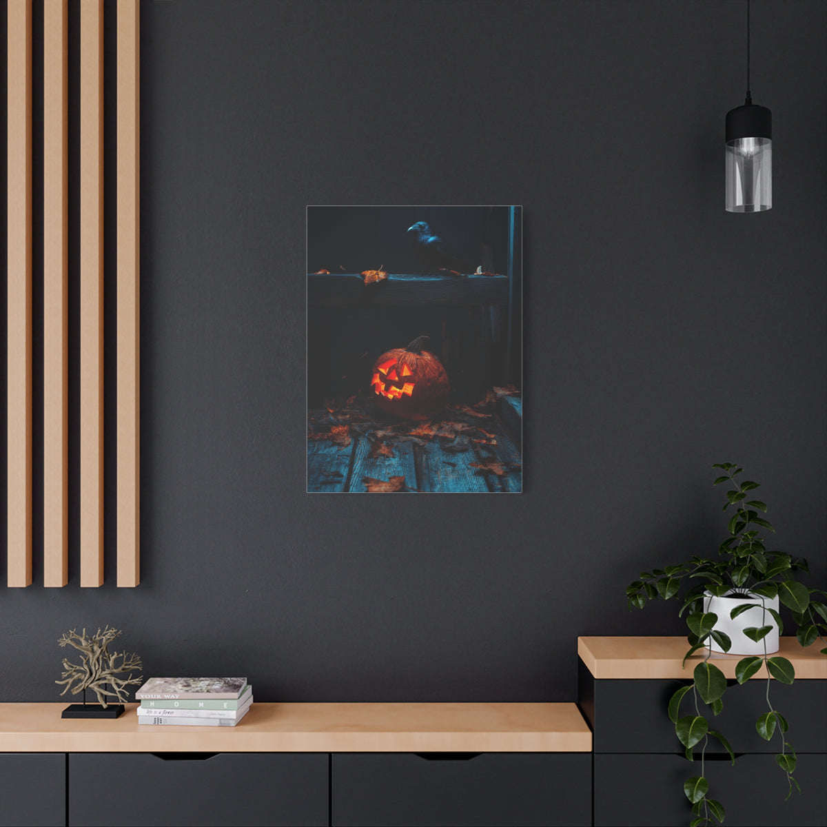 Jack-O’-Lantern and Crow on Moonlit Porch Wall Art & Canvas Print