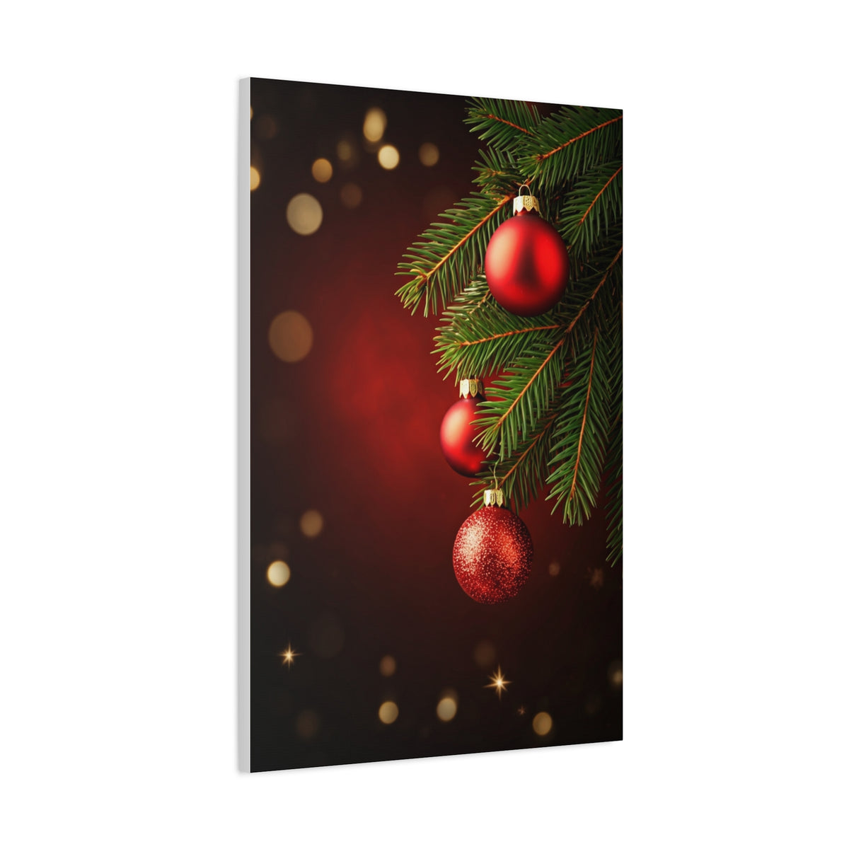 Red Christmas Tree Ornaments on Pine Branch Wall Art & Canvas Print