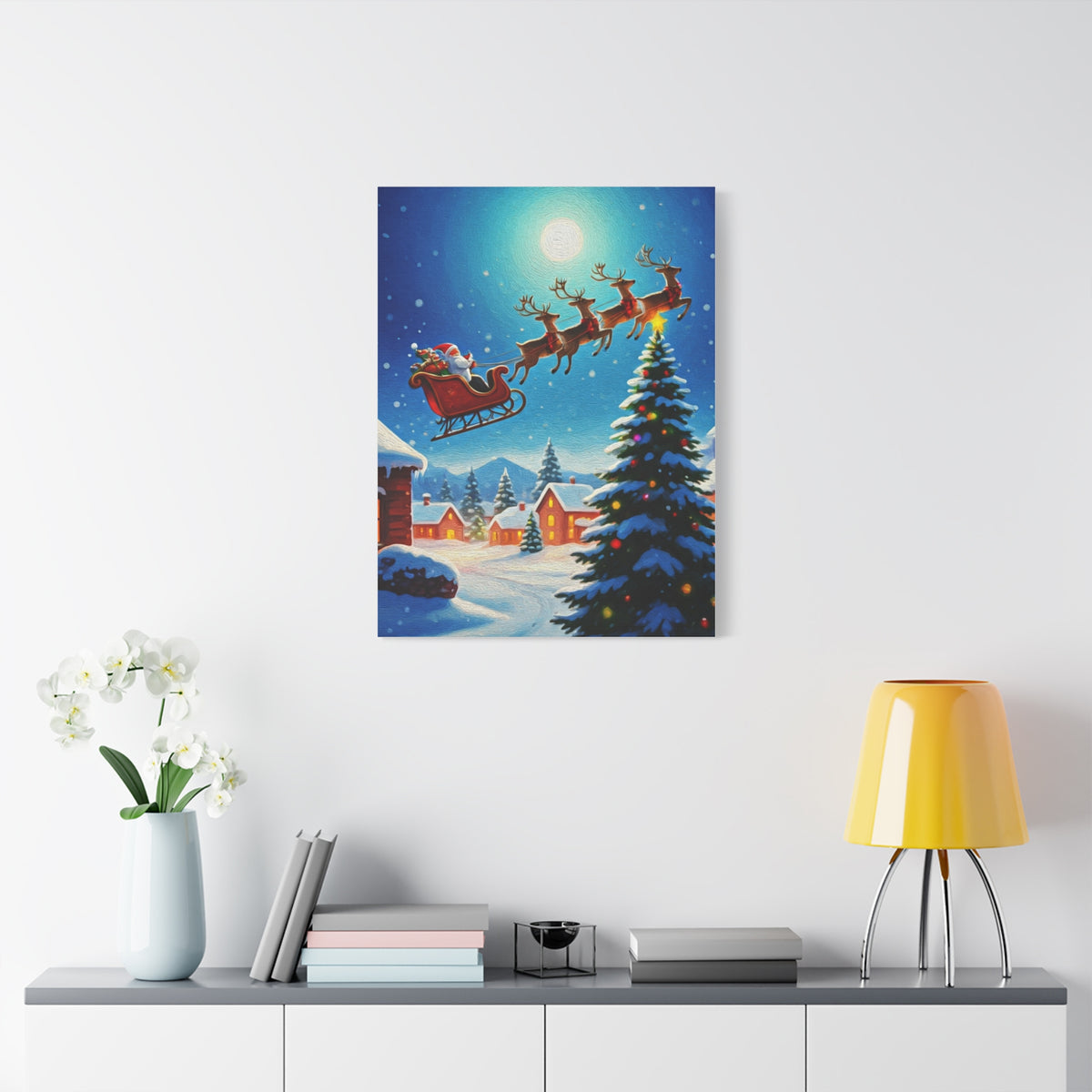 Santa Sleigh Flying Over Snowy Christmas Village Wall Art & Canvas Print