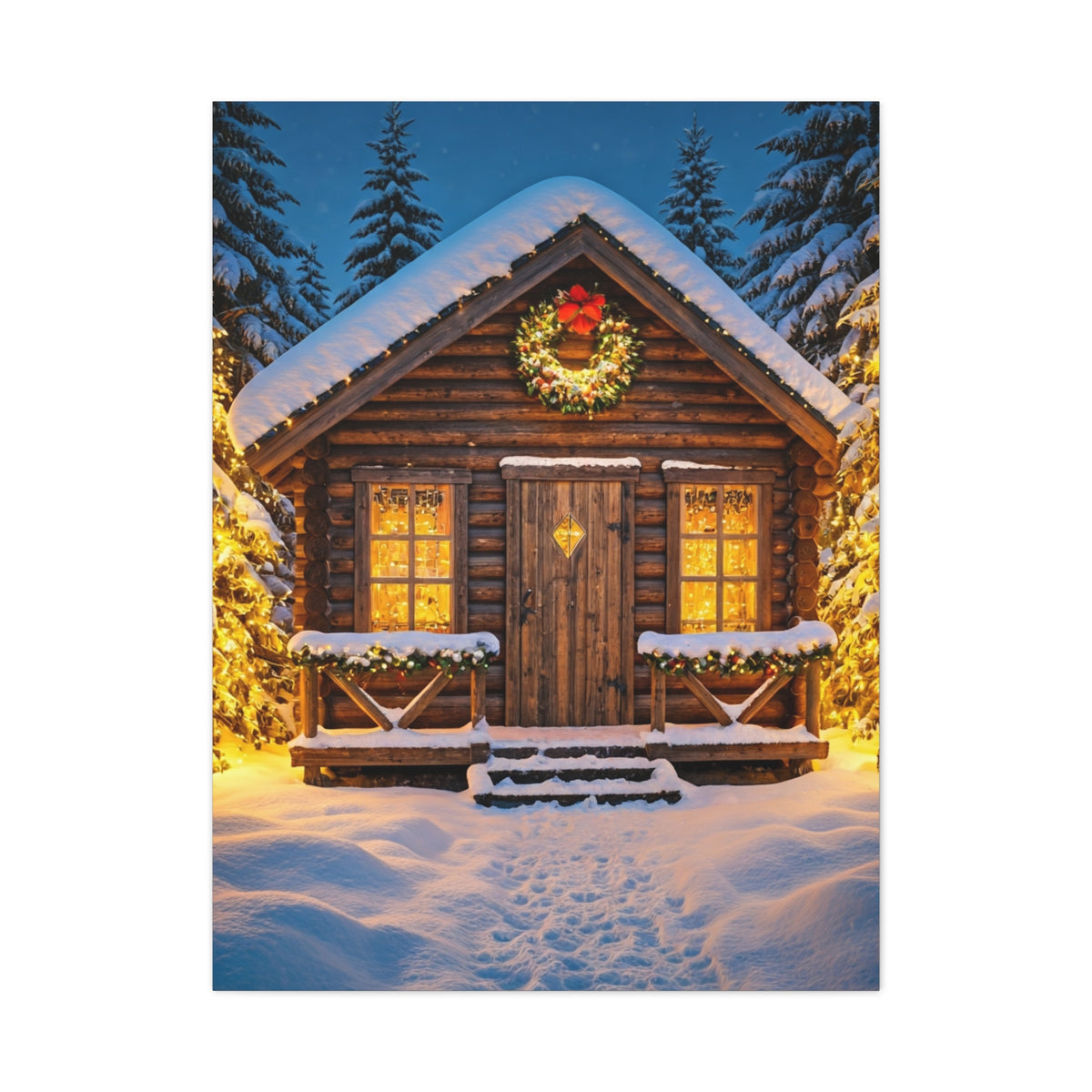 Cozy Snowy Christmas Cabin Among Pine Trees Wall Art & Canvas Print