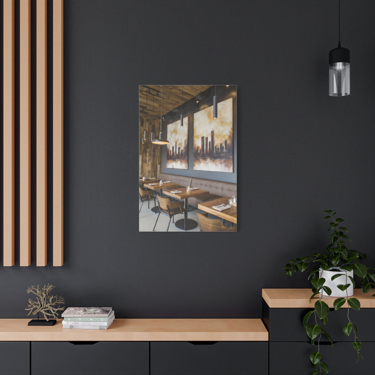 Elegant City Skyline Café Interior Wall Art & Canvas Print
