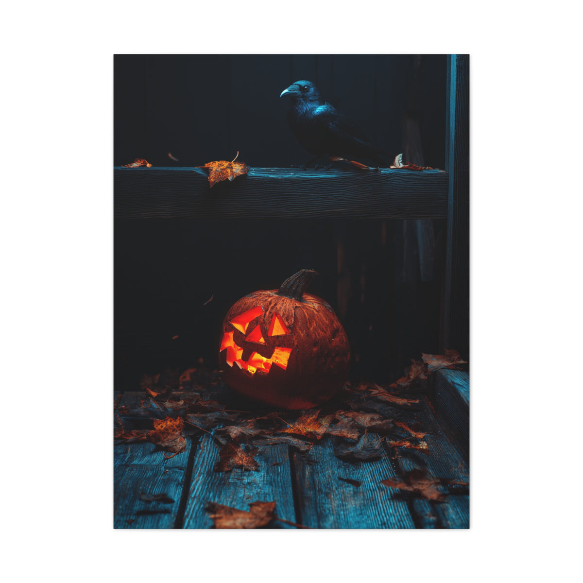 Jack-O’-Lantern and Crow on Moonlit Porch Wall Art & Canvas Print
