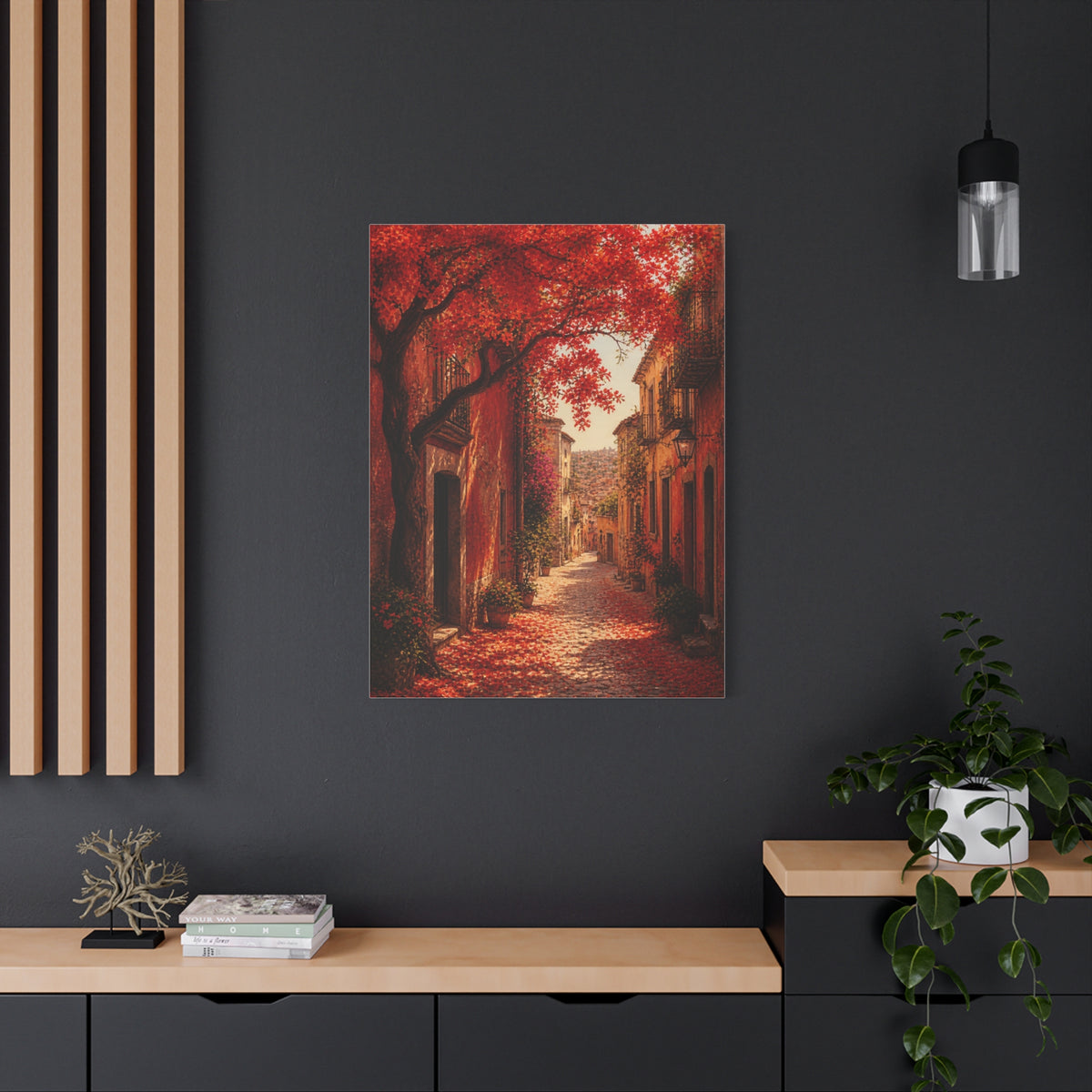 Autumn Red Blossom Street Scene Wall Art & Canvas Print