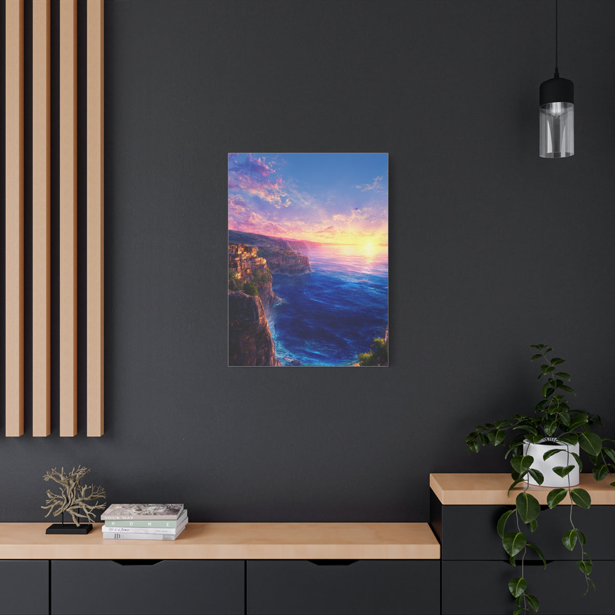 Coastal Village Cliffs at Golden Sunset Wall Art & Canvas Print