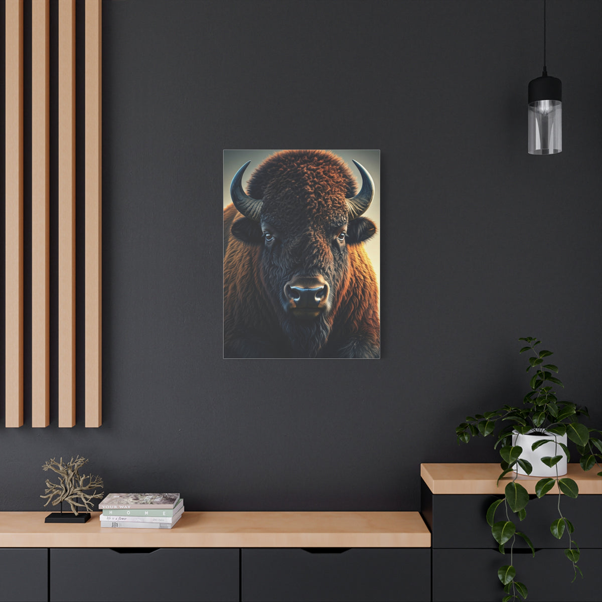 Classic Frontal American Bison Portrait with Soft Neutral Backdrop Wall Art & Canvas Print