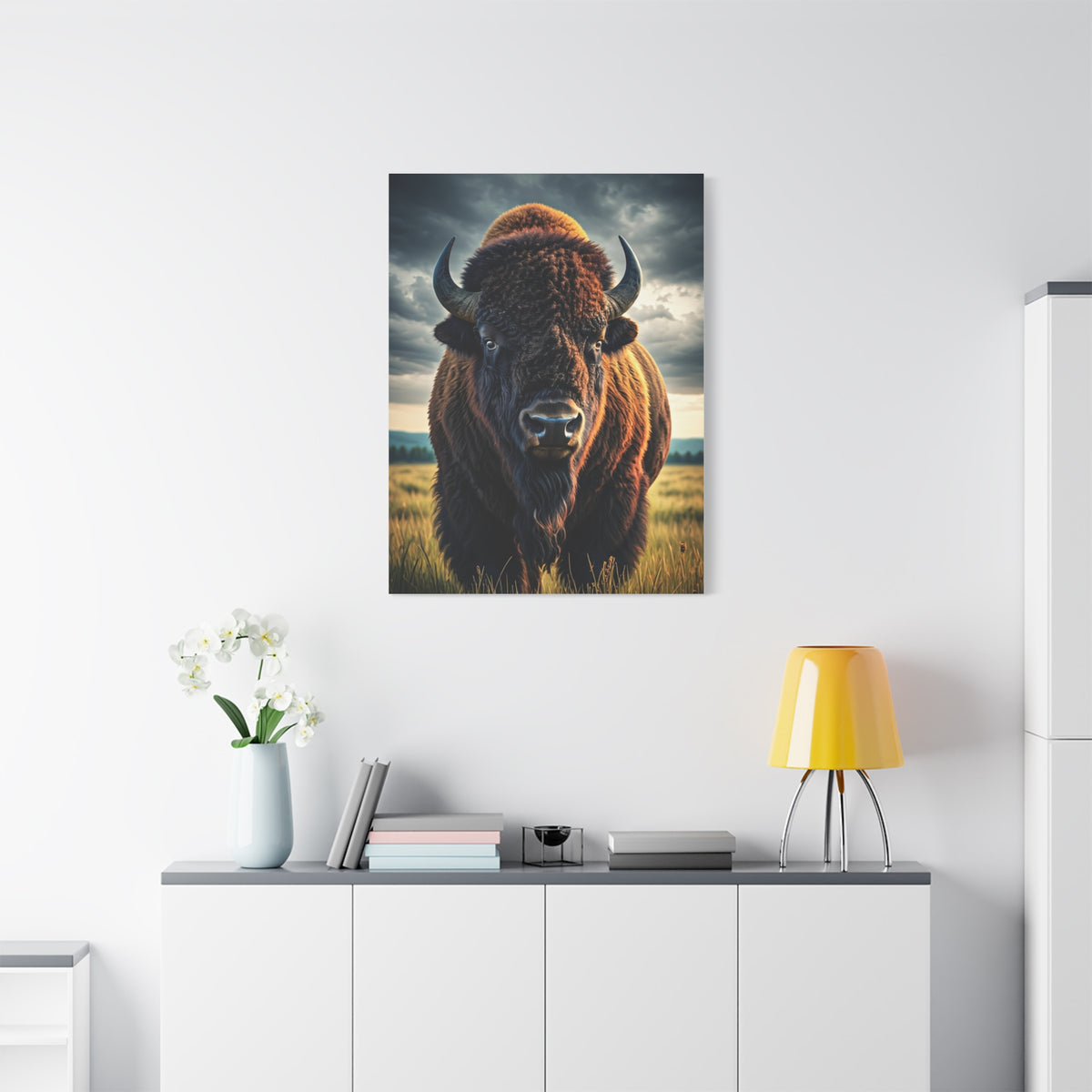 Bison Under Storm Clouds Prairie Portrait Wall Art & Canvas Print
