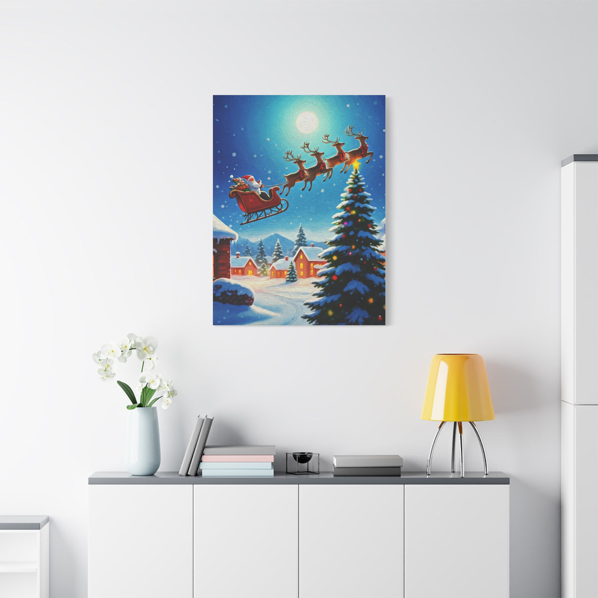 Santa Sleigh Flying Over Snowy Christmas Village Wall Art & Canvas Print