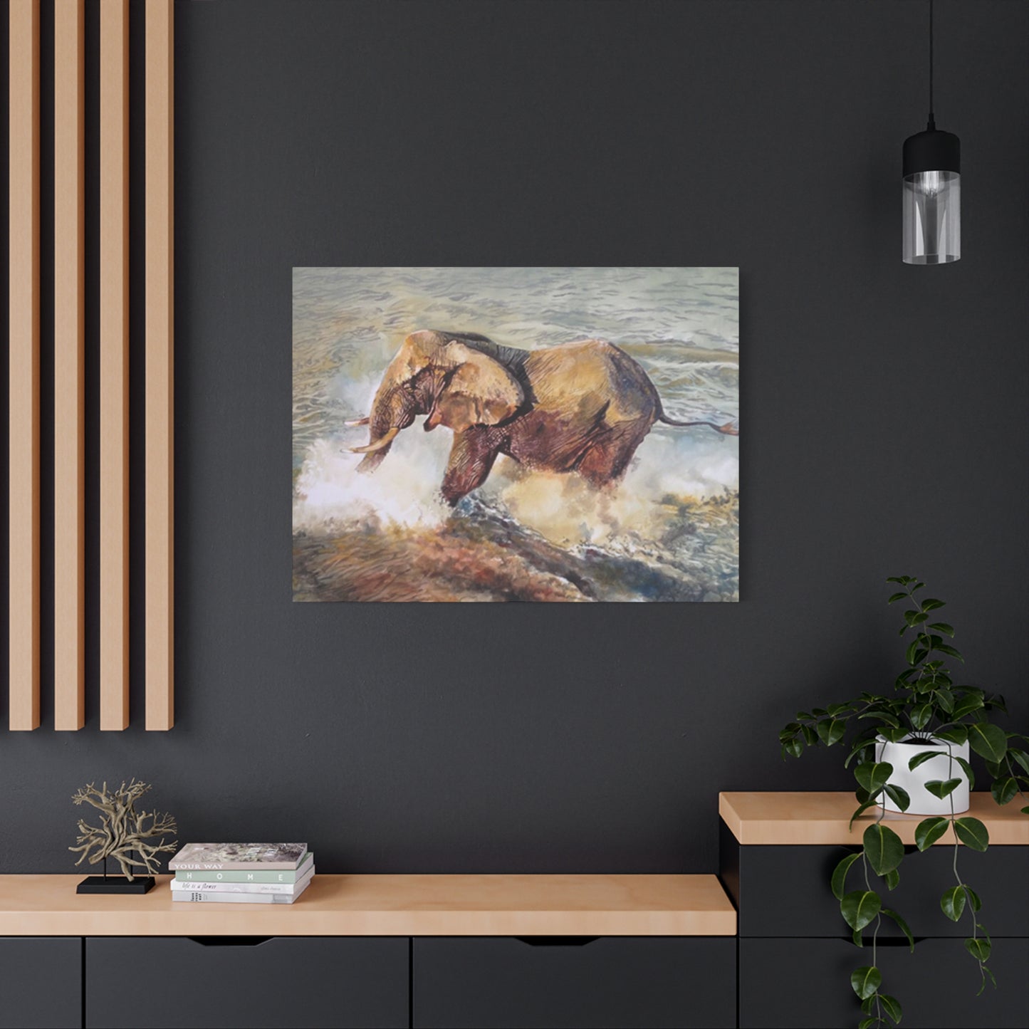 Bathing Elephant Wildlife Painting Wall Art & Canvas Prints