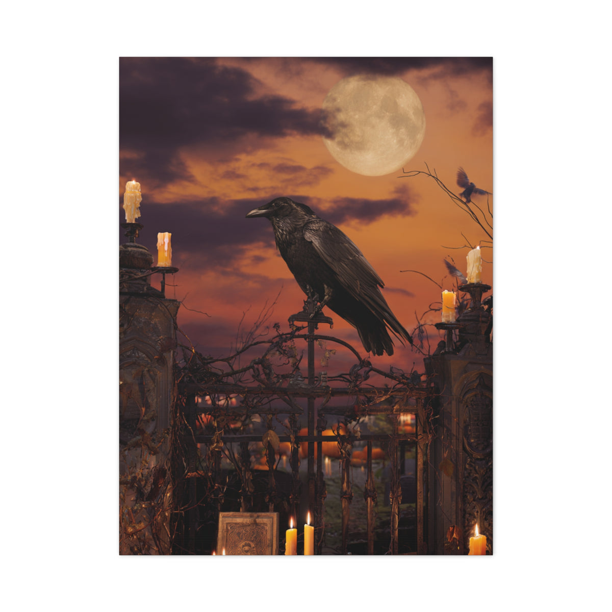 Raven on Moonlit Cemetery Gate Wall Art & Canvas Print