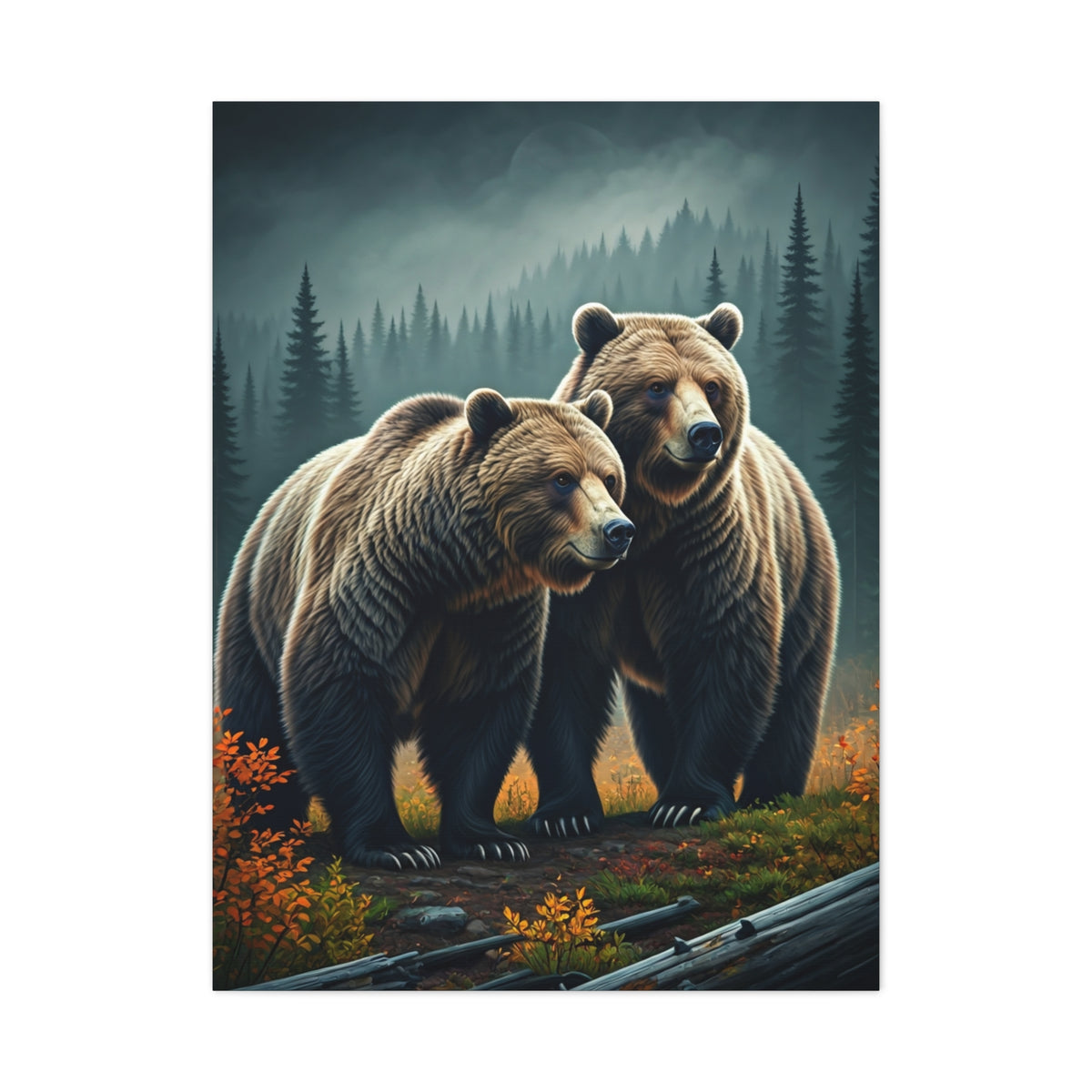 Twin Brown Bears in Misty Forest Wall Art & Canvas Prints
