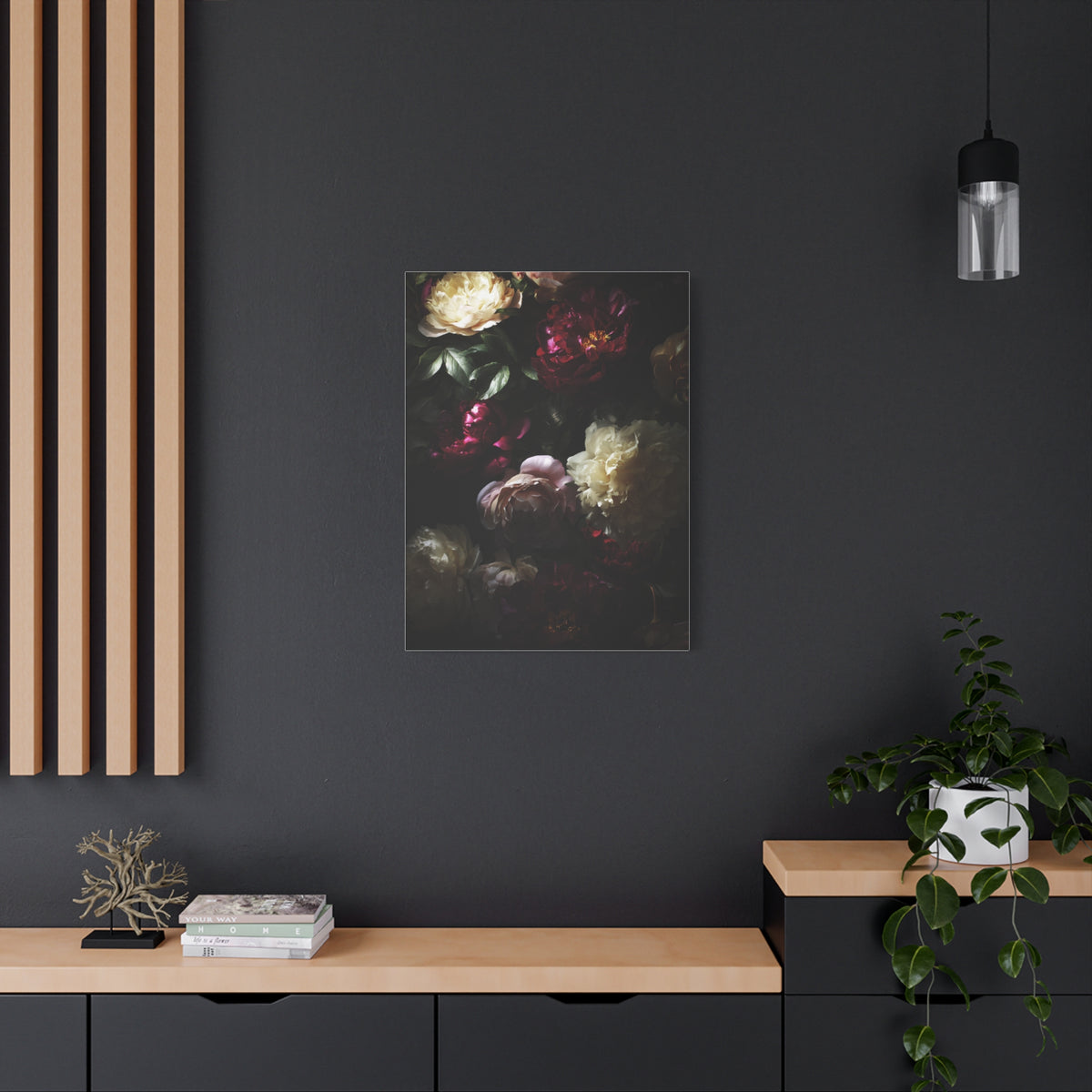 Luminous Peonies on Dark Background Wall Art & Canvas Print