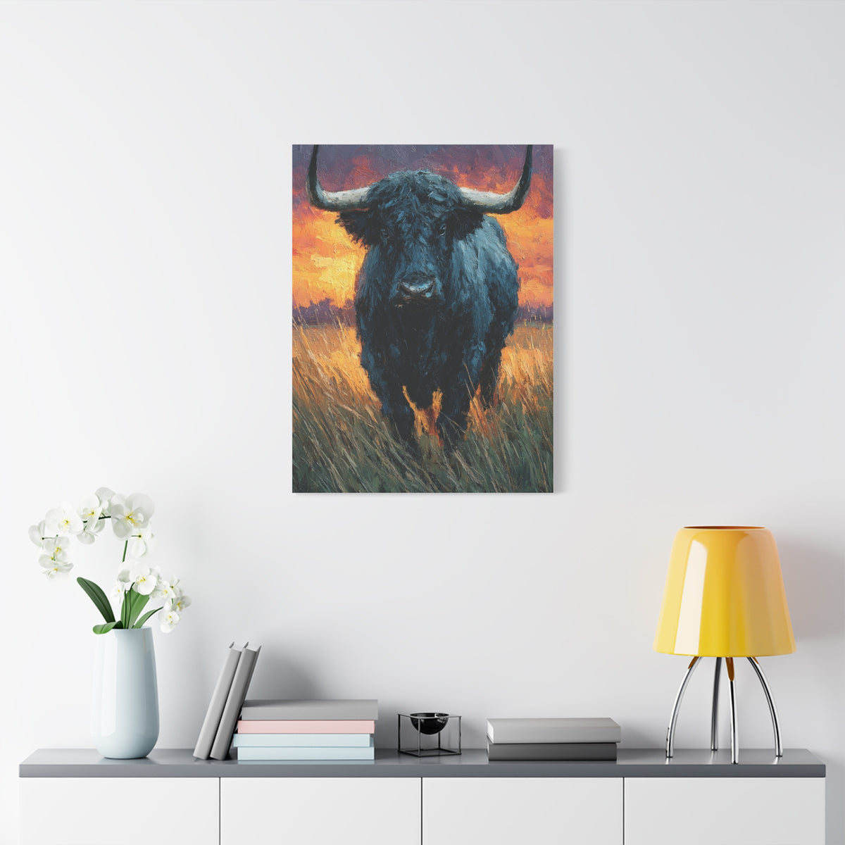 Majestic Bull at Sunset Oil Painting Wall Art & Canvas Print