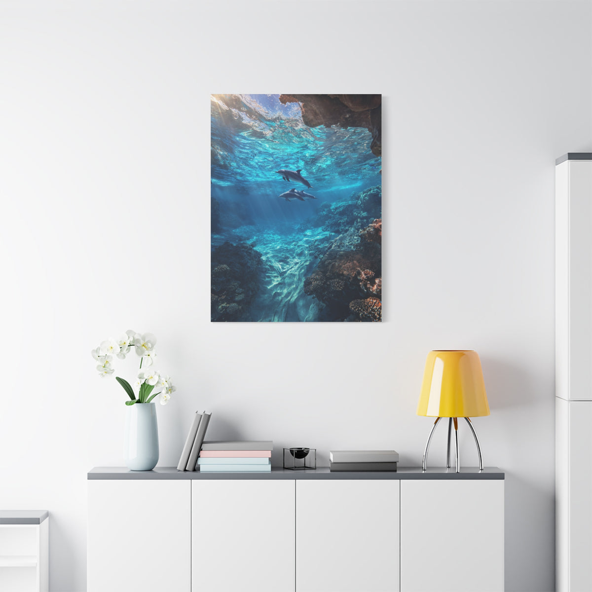 Dolphins Swimming Beneath Sunlit Ocean Waters Wall Art & Canvas Print