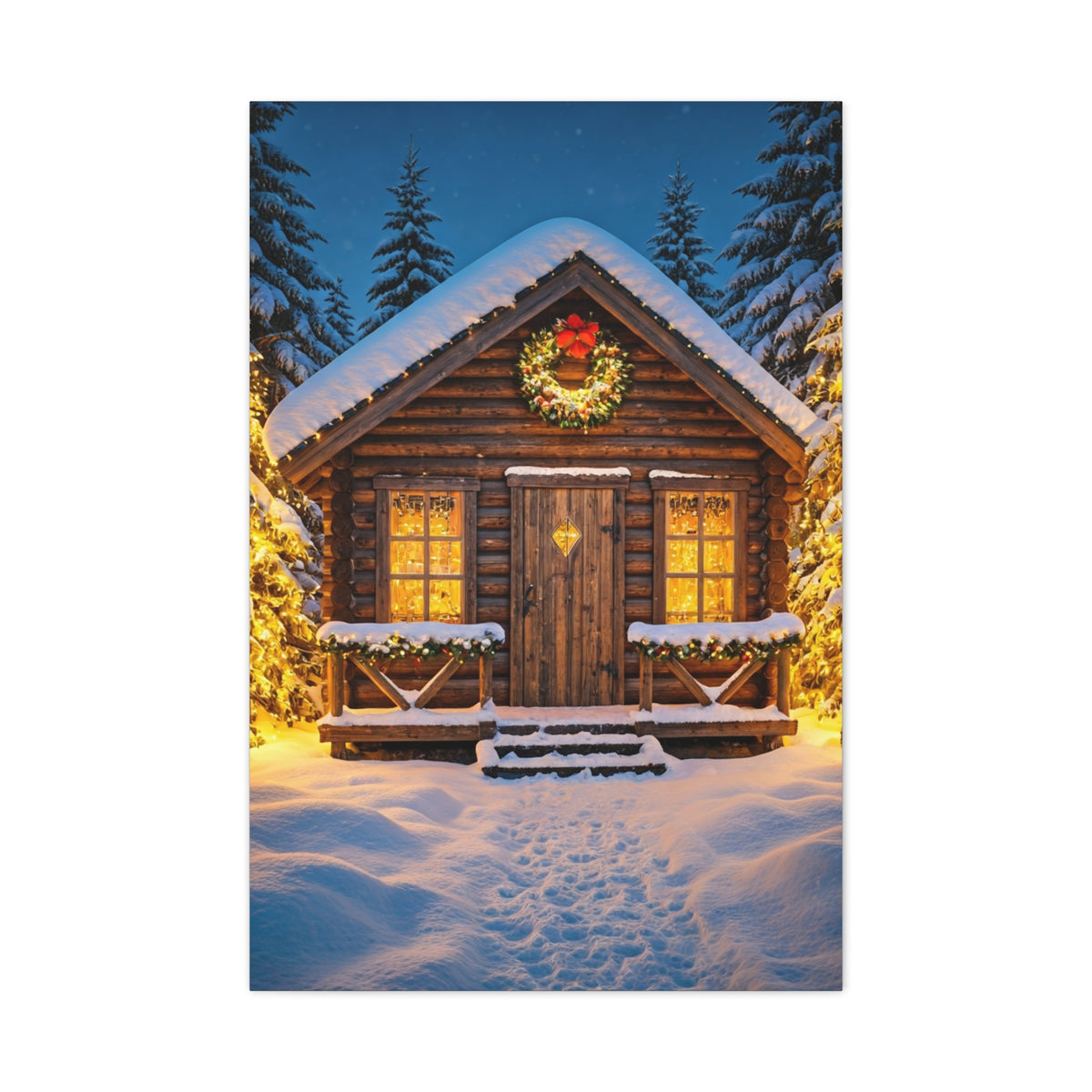 Cozy Snowy Christmas Cabin Among Pine Trees Wall Art & Canvas Print