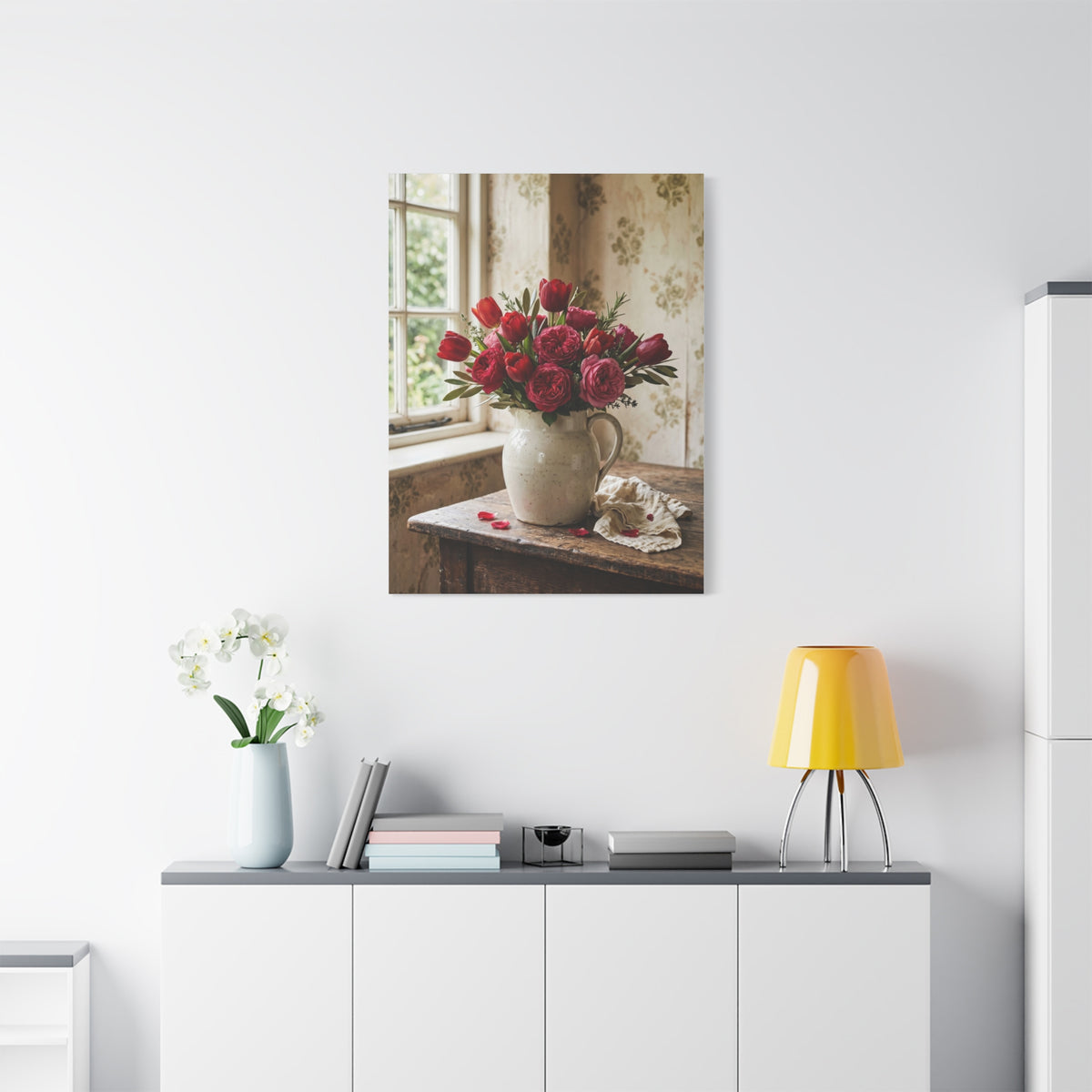 English Cottage Red Tulip Still Life Wall Art & Canvas Print