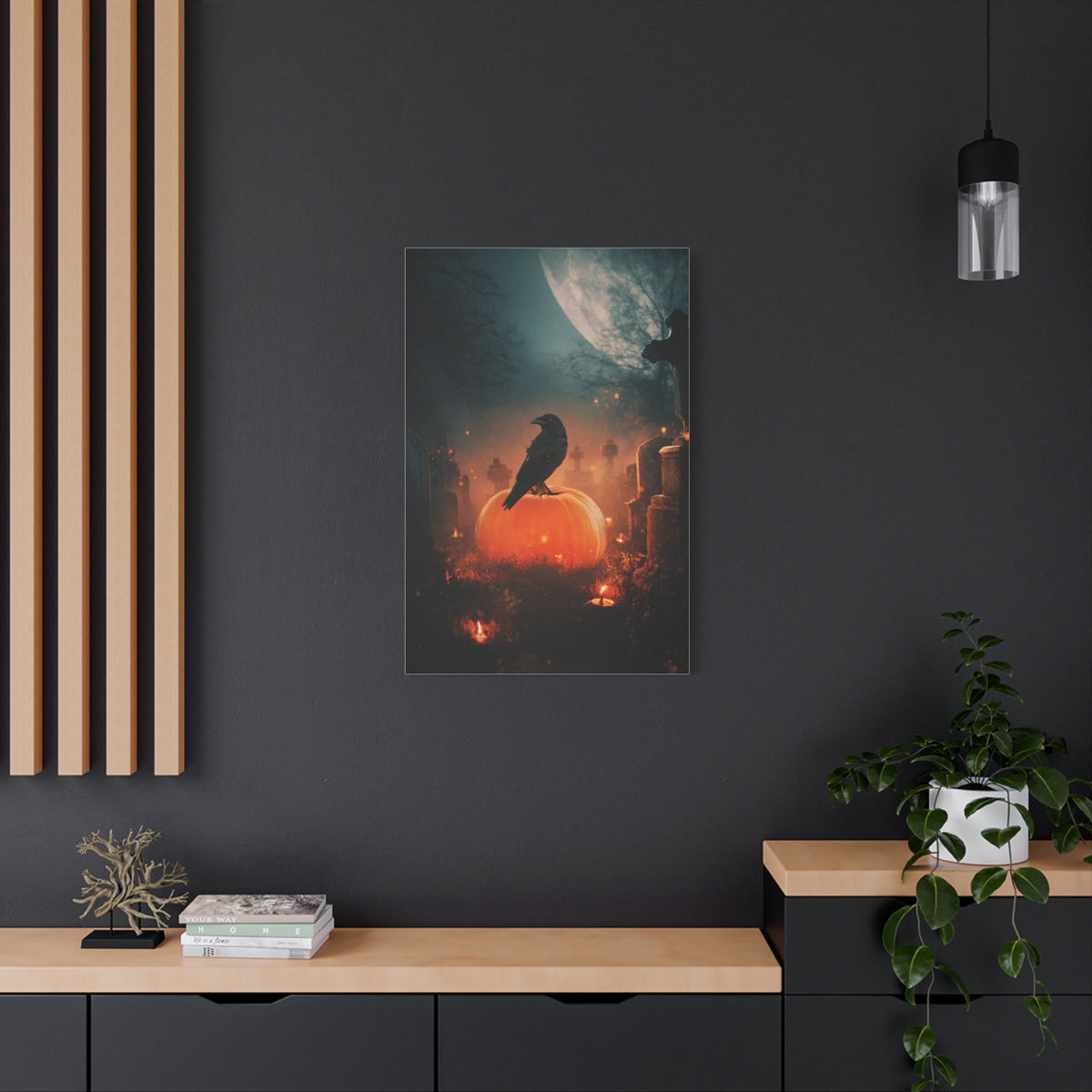 Crow on Pumpkin in Moonlit Graveyard Wall Art & Canvas Print
