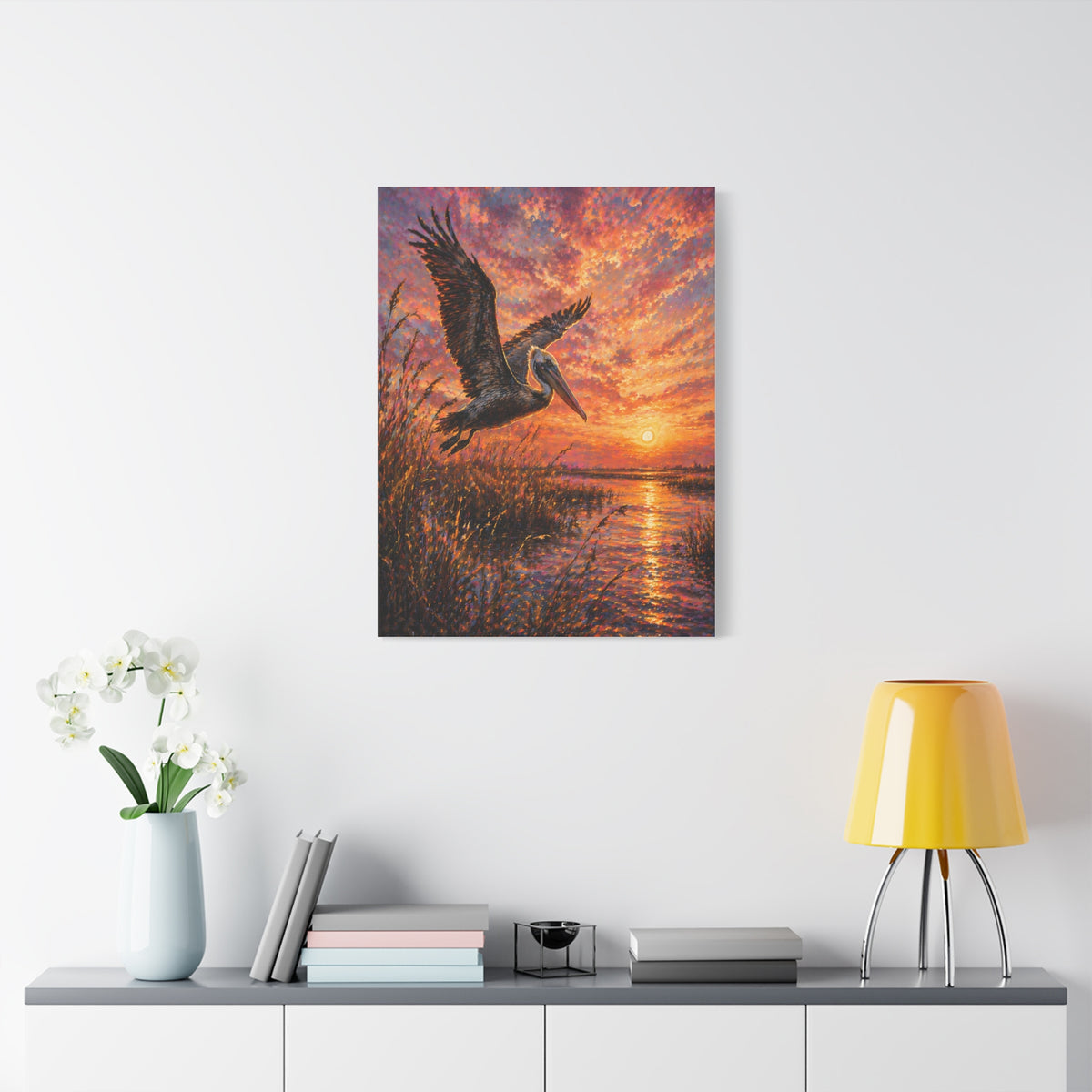 Pelican Marsh Sunset Scene Wall Art & Canvas Print
