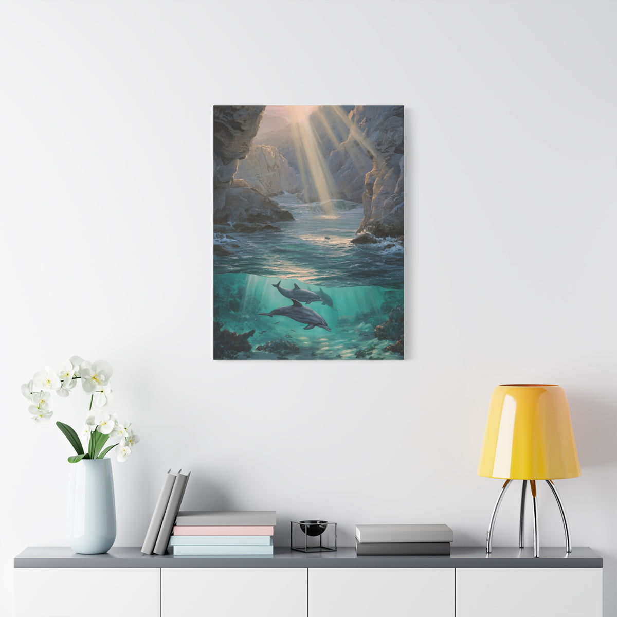 Dolphins Swimming Beneath Sunlit Coastal Waters Wall Art & Canvas Print
