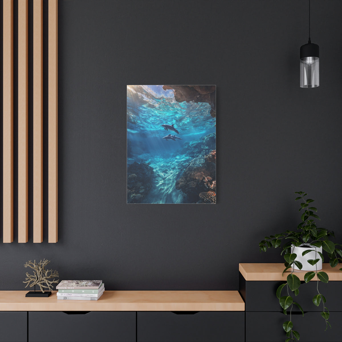 Dolphins Swimming Beneath Sunlit Ocean Waters Wall Art & Canvas Print