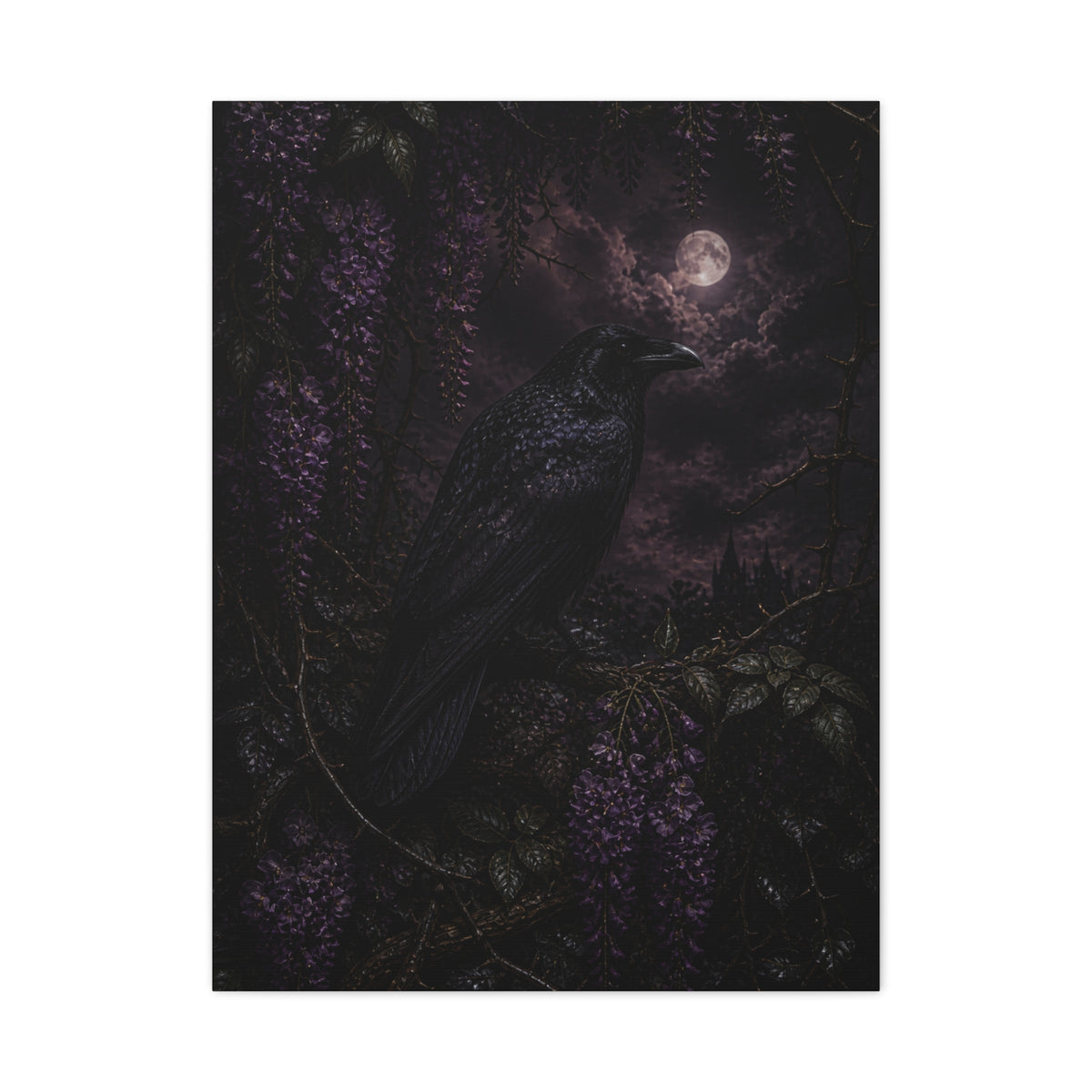 Raven in Wisteria Moonlit Scene Wall Art & Canvas Print