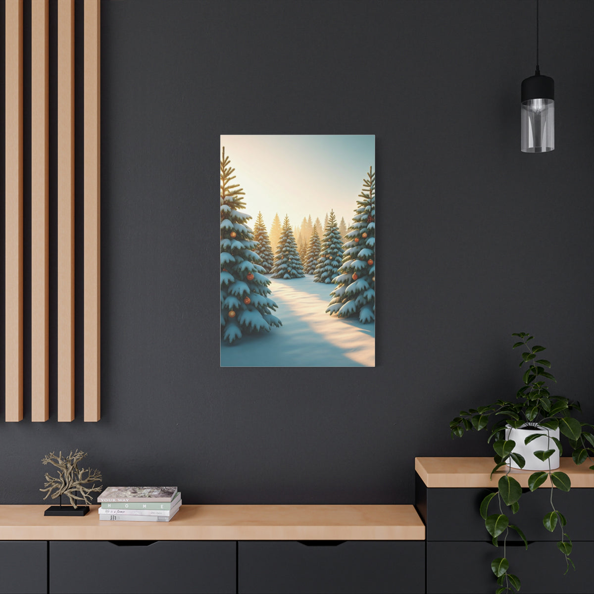 Snow Covered Christmas Tree Forest Under Winter Light Wall Art & Canvas Print