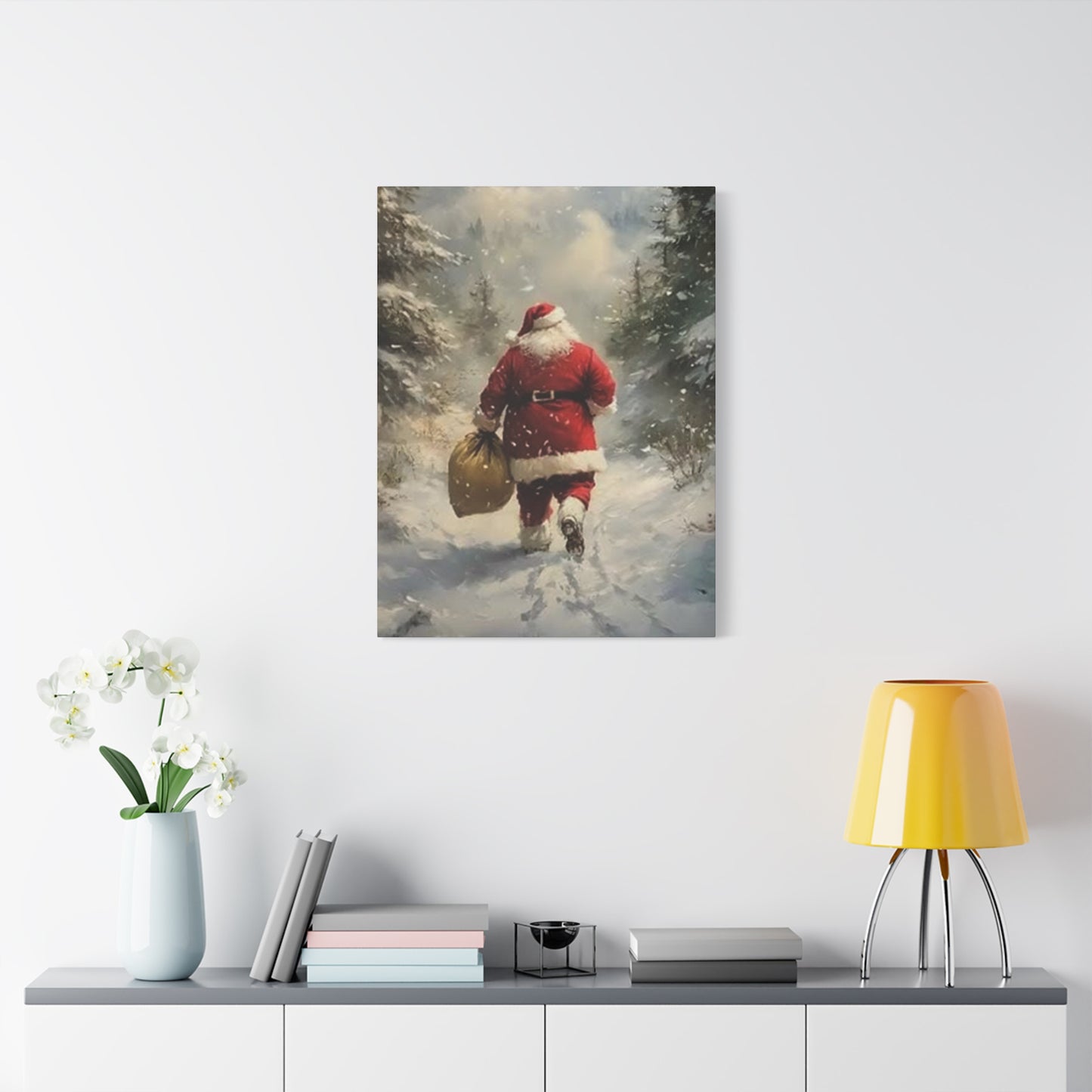 Santa Claus Running In Snow Wall Art & Canvas Prints