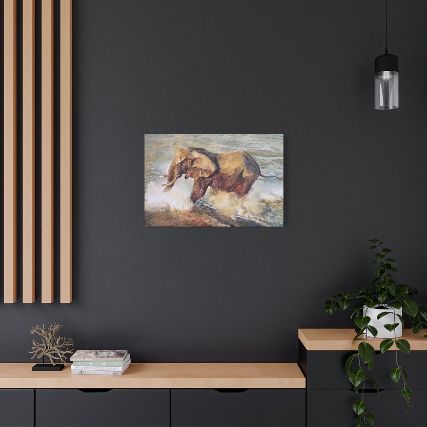 Bathing Elephant Wildlife Painting Wall Art & Canvas Prints