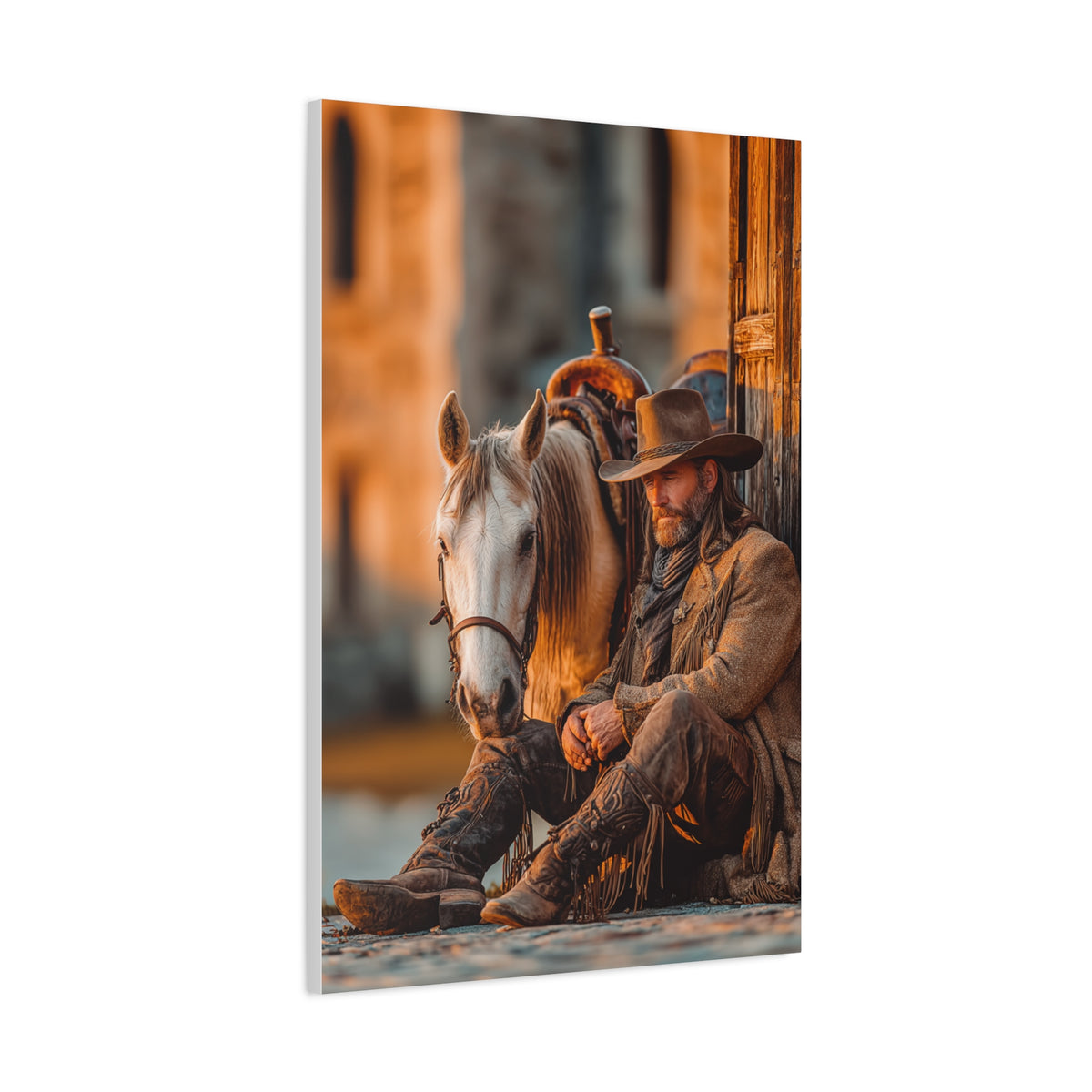 Cowboy Resting Beside His Horse Wall Art & Canvas Print
