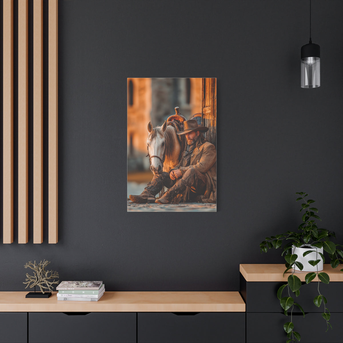 Cowboy Resting Beside His Horse Wall Art & Canvas Print