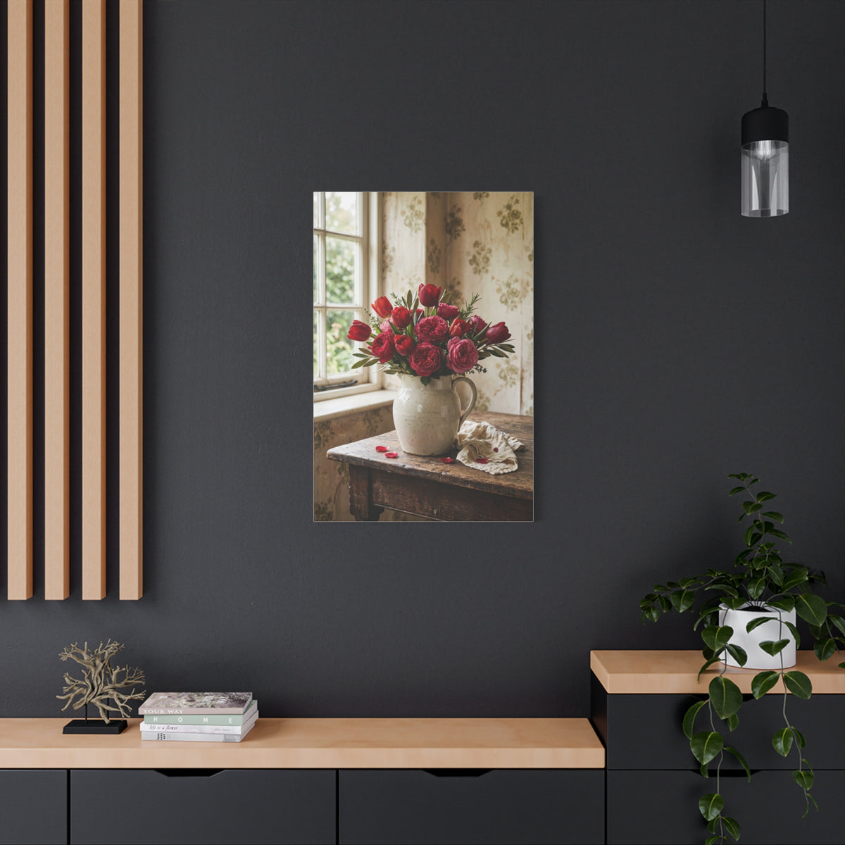 English Cottage Red Tulip Still Life Wall Art & Canvas Print