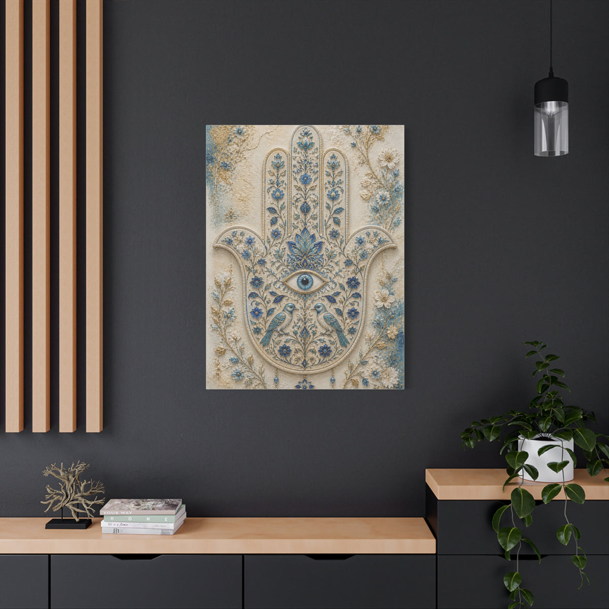 Blue Floral Hamsa Sacred Symbol Wall Art & Canvas Print