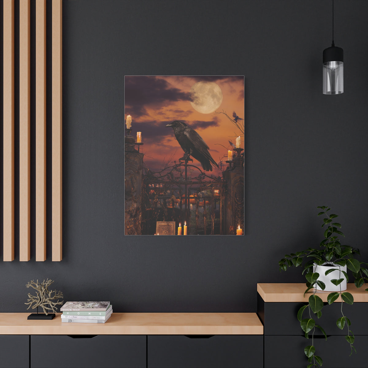 Raven on Moonlit Cemetery Gate Wall Art & Canvas Print