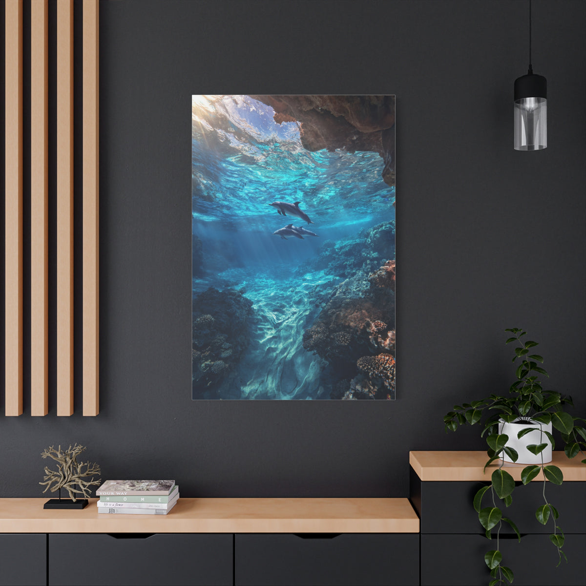 Dolphins Swimming Beneath Sunlit Ocean Waters Wall Art & Canvas Print