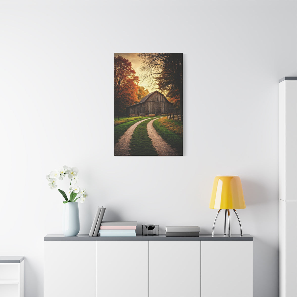 Autumn Barn Road at Golden Hour Wall Art & Canvas Prints